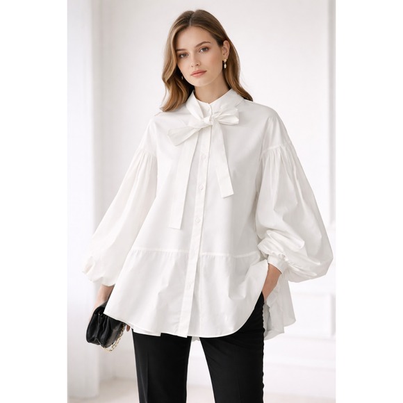 Valentino Tops - Valentino Blouse Womens 42 White Bow Balloon Sleeve Oversized Tunic Top Italy